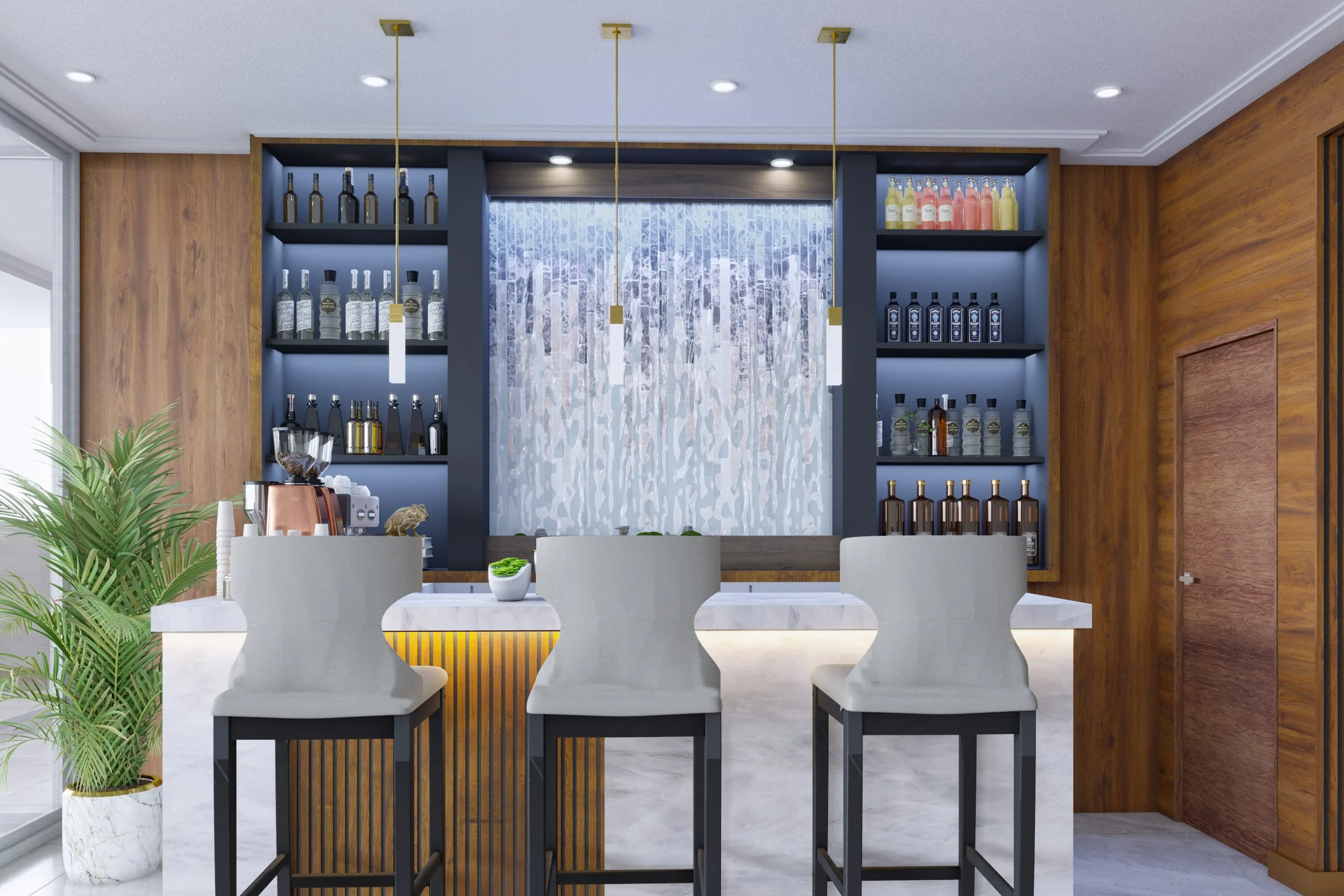 Contemporary Wood Beam Kitchen — residential architectural visualization, view 2