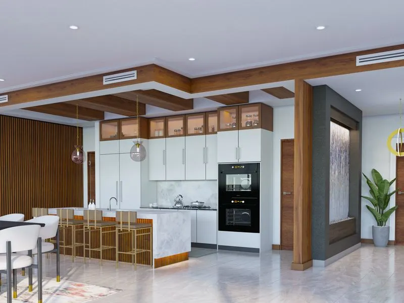 Contemporary Wood Beam Kitchen — residential 3D rendering