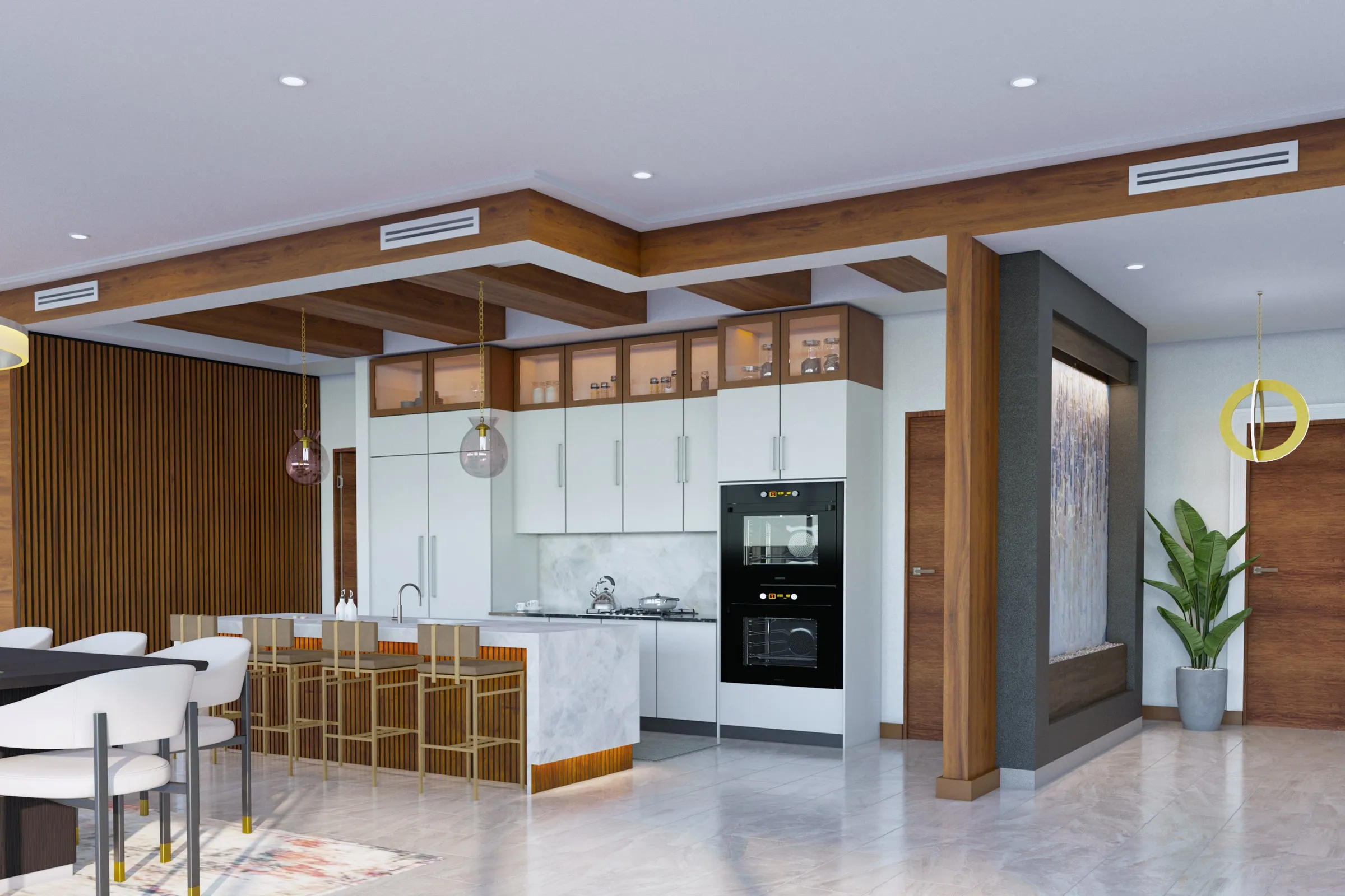 Contemporary Wood Beam Kitchen — residential 3D rendering by Praxis Studio
