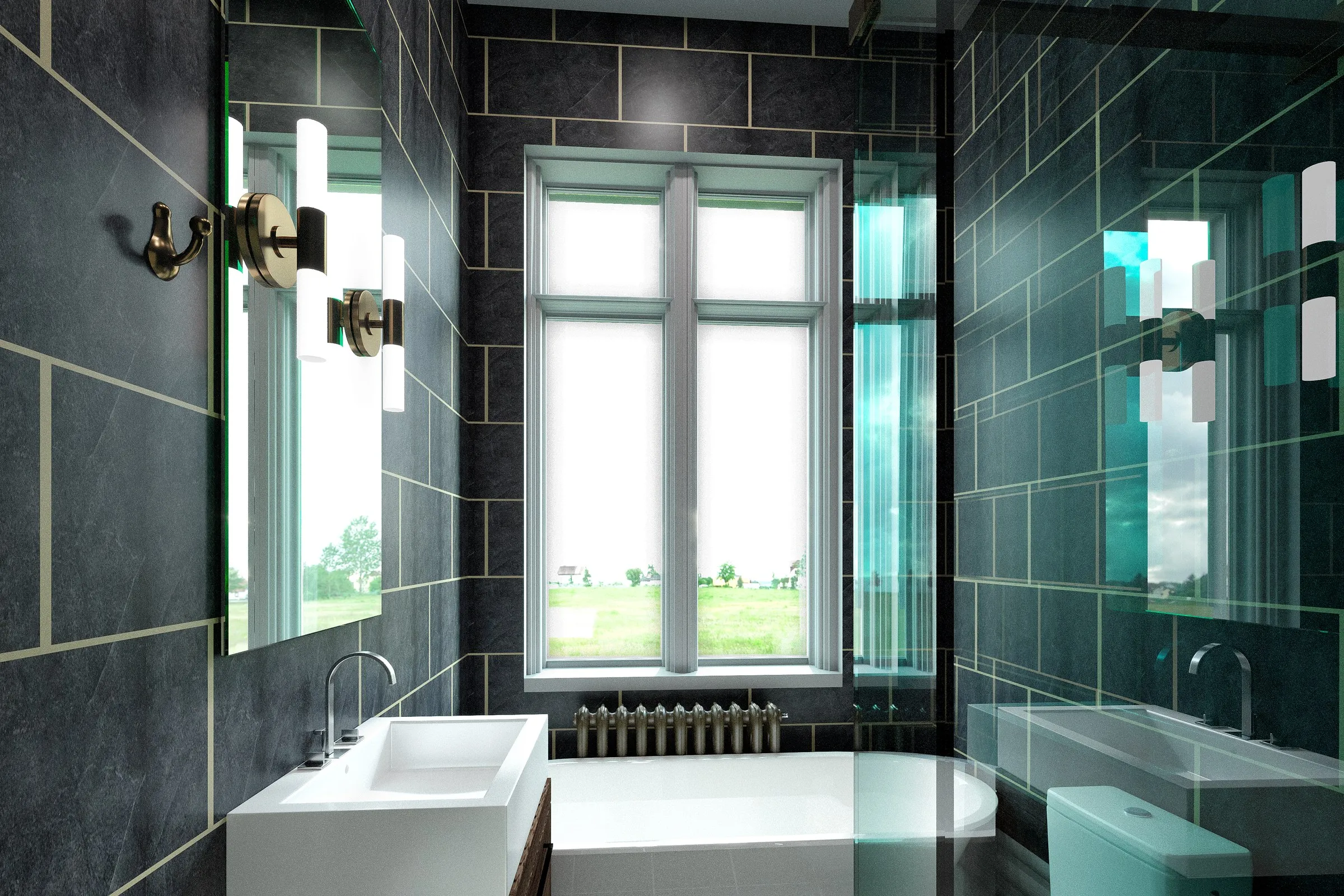 Dark Slate Tile Bathroom — residential 3D rendering by Praxis Studio