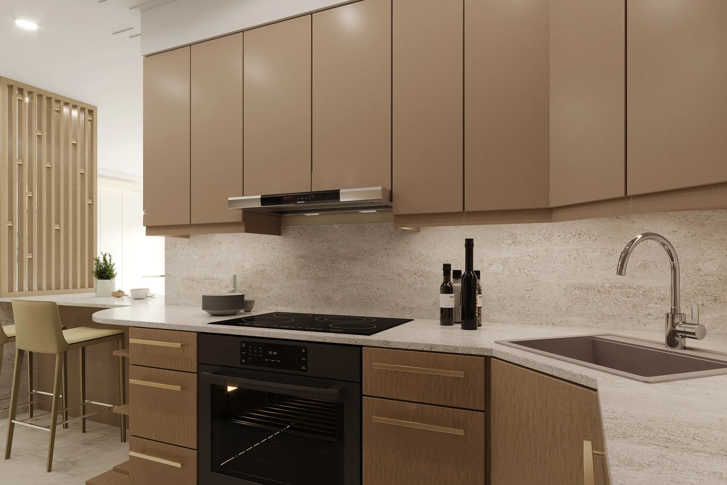 David Warm Tone Kitchen — residential 3D rendering by Praxis Studio