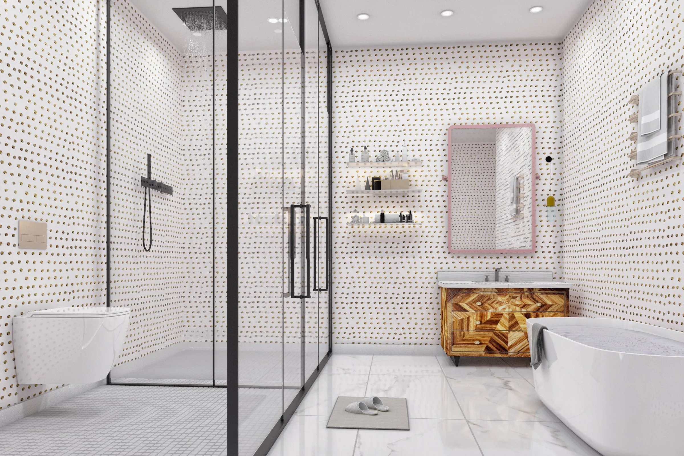 Eclectic Master Bathroom — residential 3D rendering by Praxis Studio