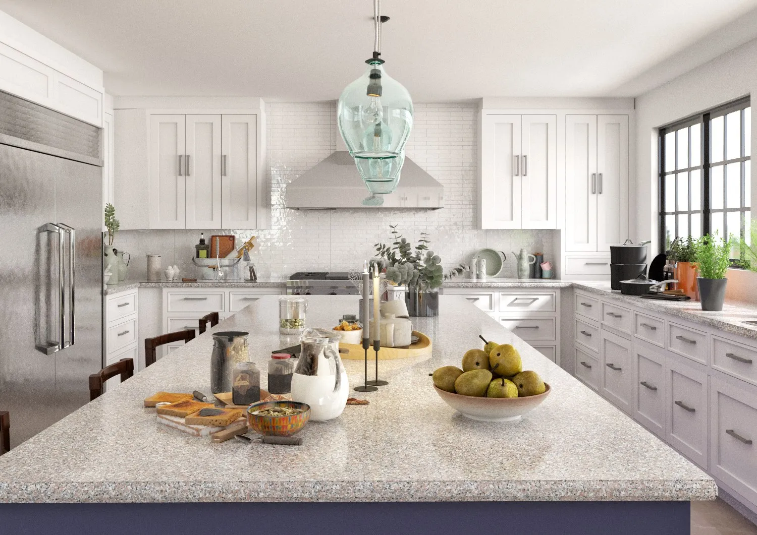 Farmhouse White Kitchen — residential 3D rendering by Praxis Studio