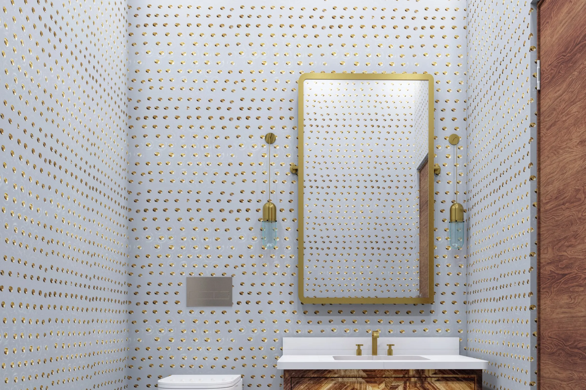 Gold Dot Powder Room — residential 3D rendering by Praxis Studio