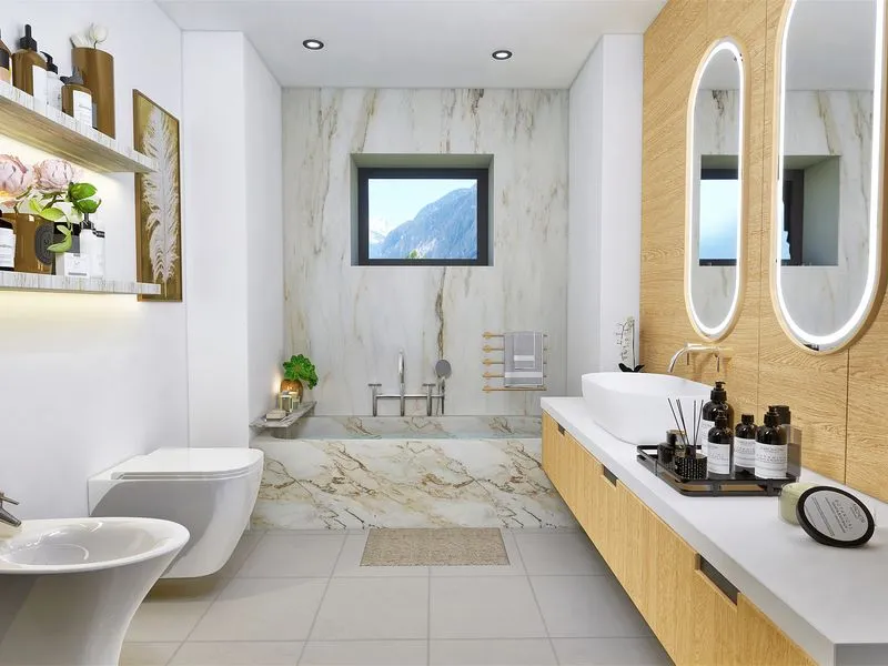 Golden Marble Bathroom — residential 3D rendering