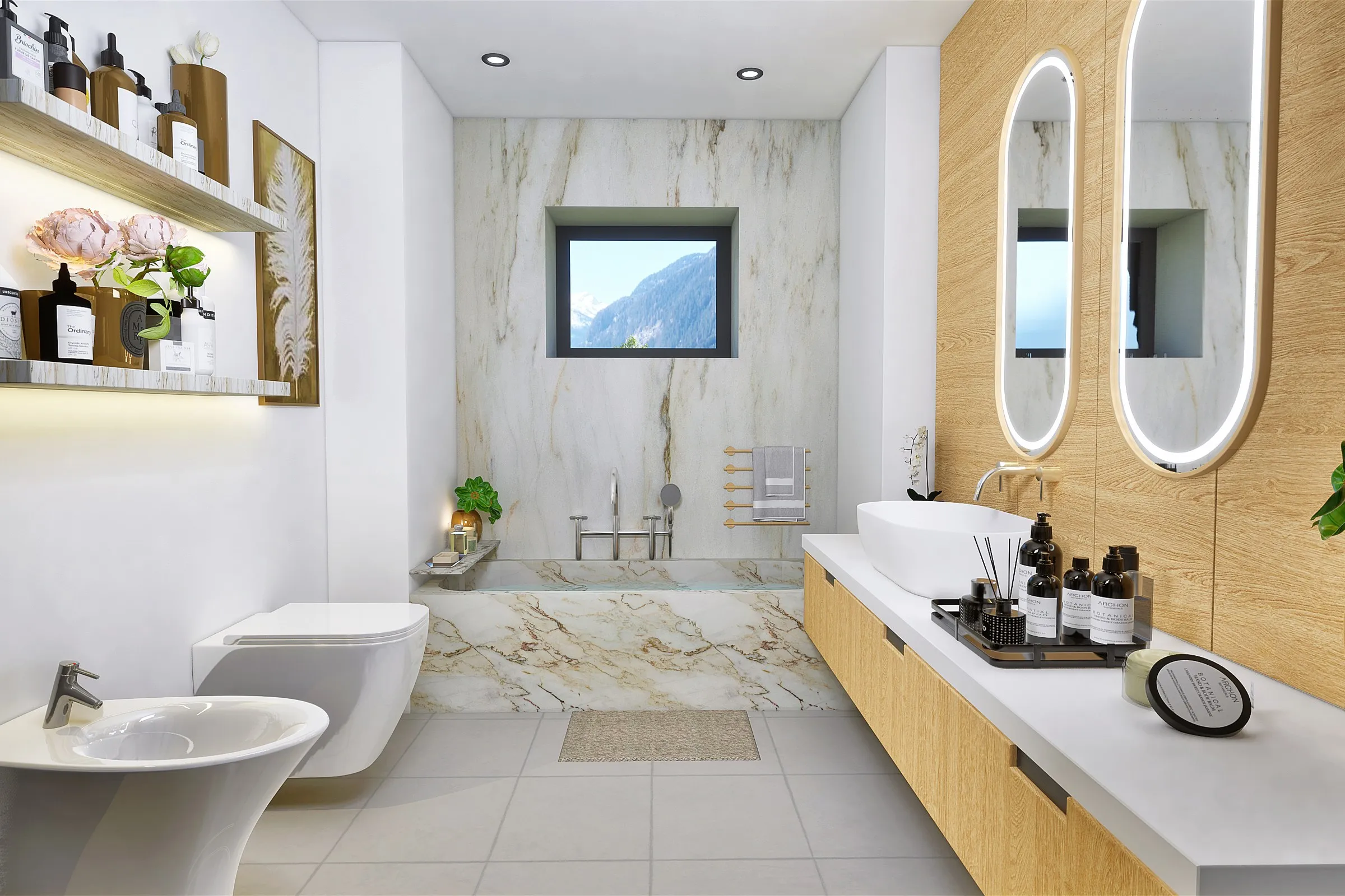 Golden Marble Bathroom — residential 3D rendering by Praxis Studio