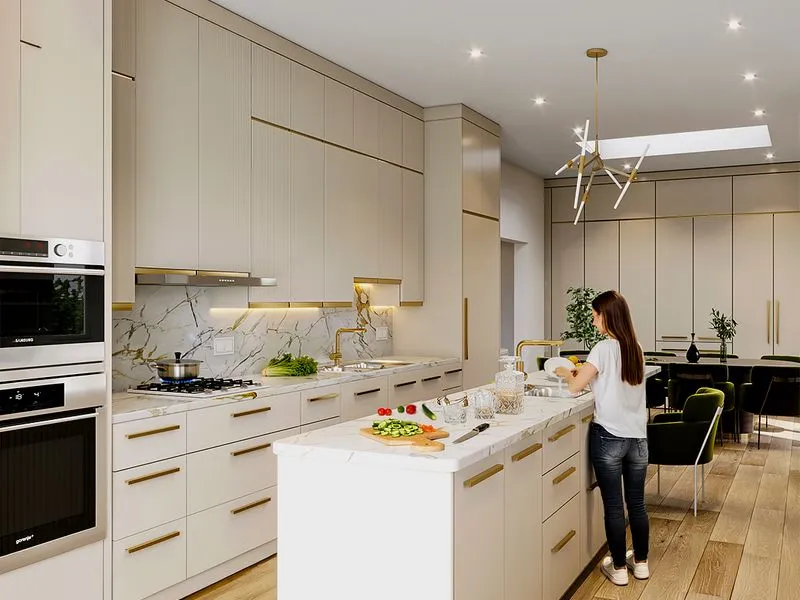 Greige Open Plan Kitchen — residential 3D rendering