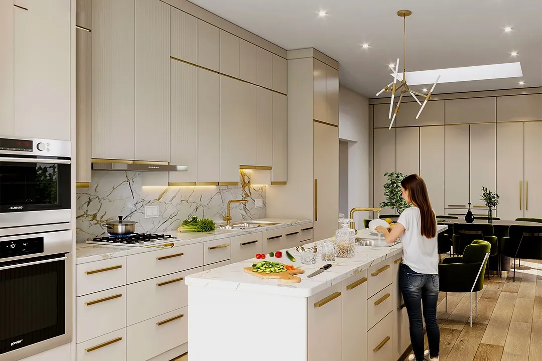 Greige Open Plan Kitchen — residential 3D rendering by Praxis Studio