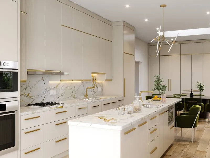 Luxury Cream Gold Kitchen — residential 3D rendering