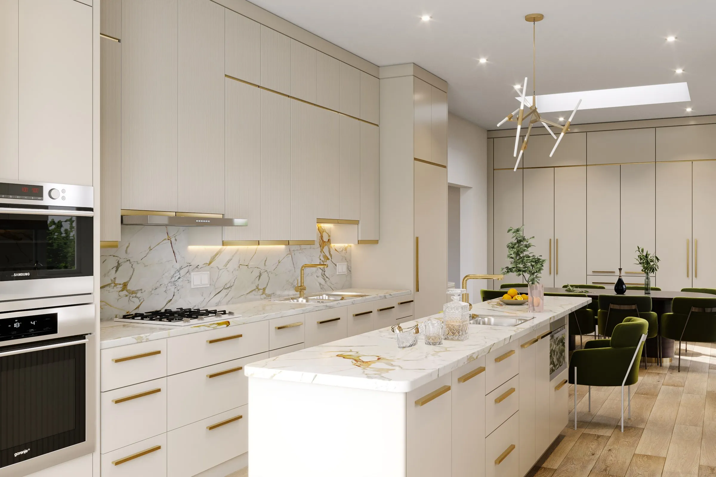 Luxury Cream Gold Kitchen — residential 3D rendering by Praxis Studio