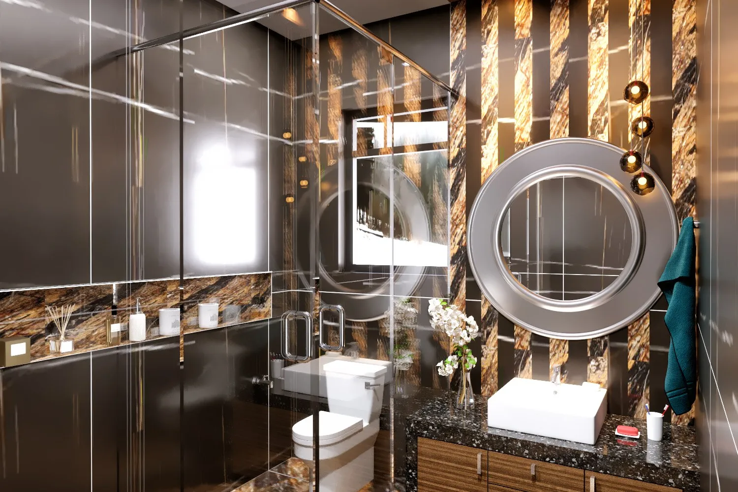 Luxury Dark Stone Bathroom — residential 3D rendering by Praxis Studio