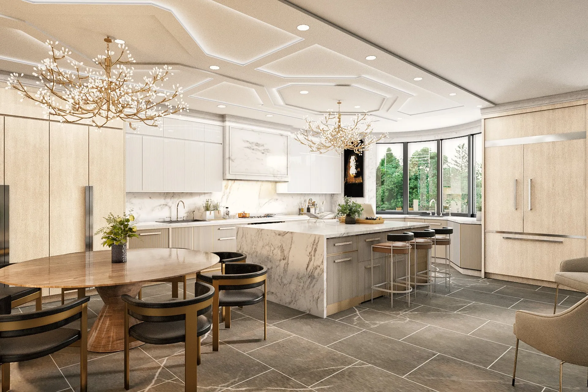Luxury Marble Kitchen Spiral Stair — residential architectural visualization, view 1