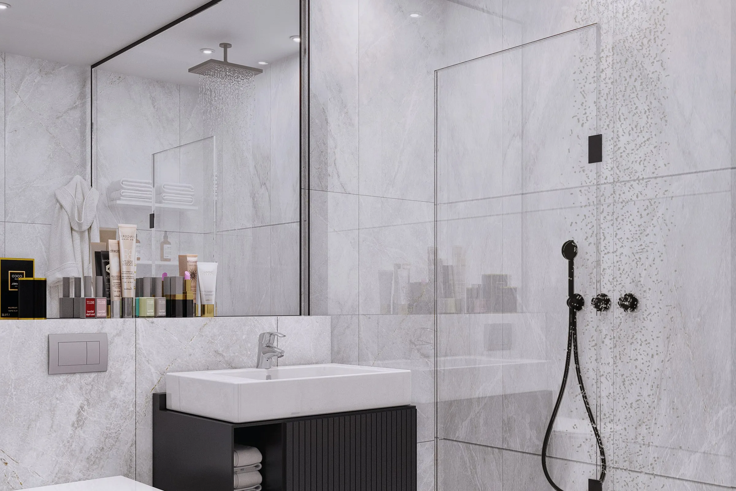 Marble Rain Shower Bath — residential 3D rendering by Praxis Studio