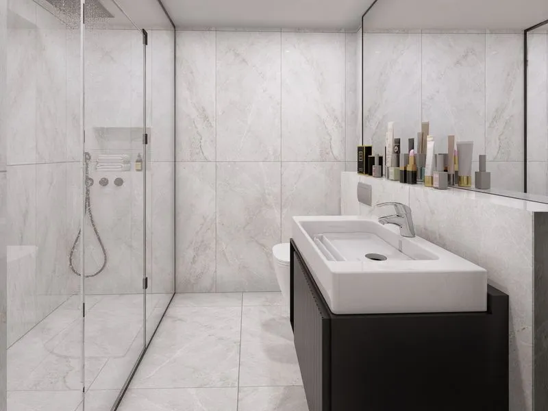 Minimal Marble Shower Bath — residential 3D rendering