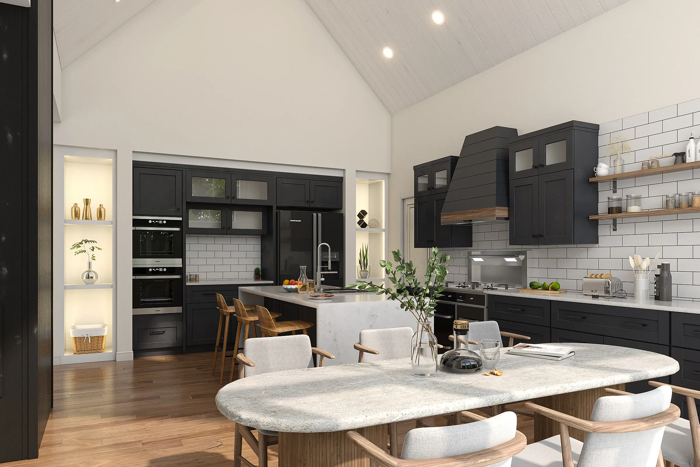 Modern Farmhouse Vaulted Kitchen — residential 3D rendering by Praxis Studio