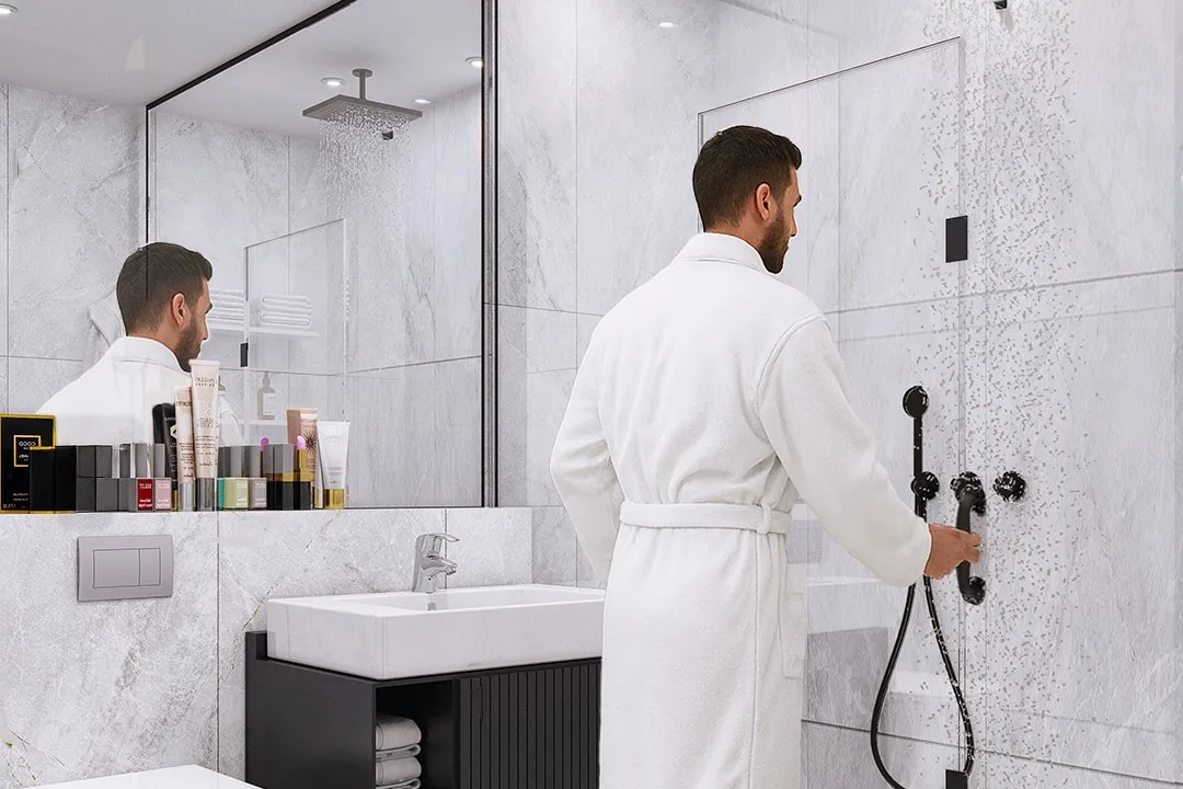 Modern Marble Rain Shower Bath — residential 3D rendering by Praxis Studio