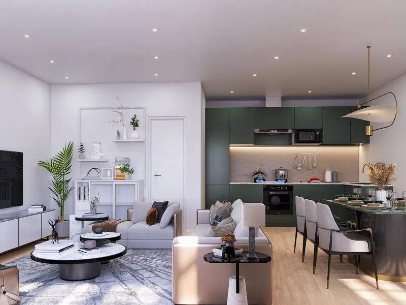Open Plan Green Kitchen Living — residential 3D rendering