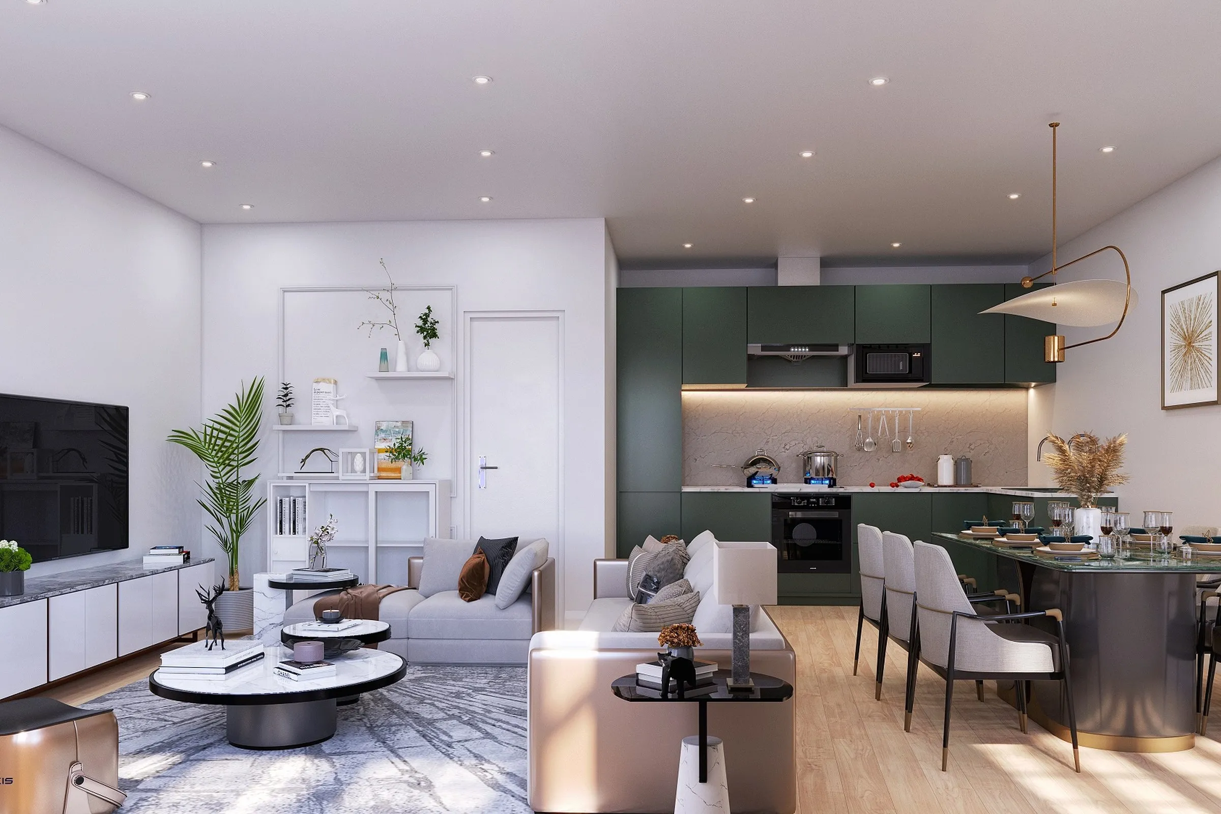 Open Plan Green Kitchen Living — residential 3D rendering by Praxis Studio