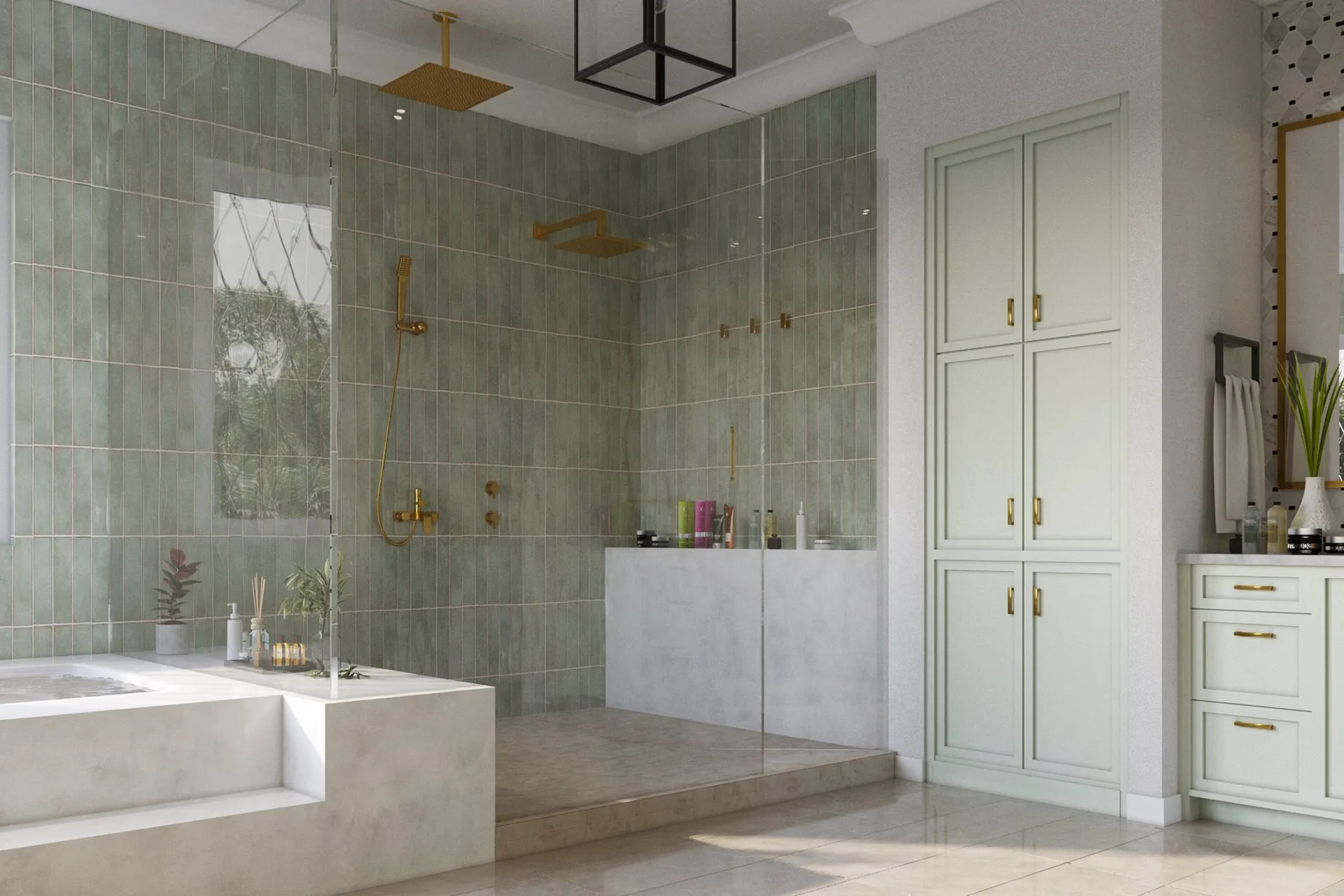 Opt1 Green Tile Master Bath — residential architectural visualization, view 3