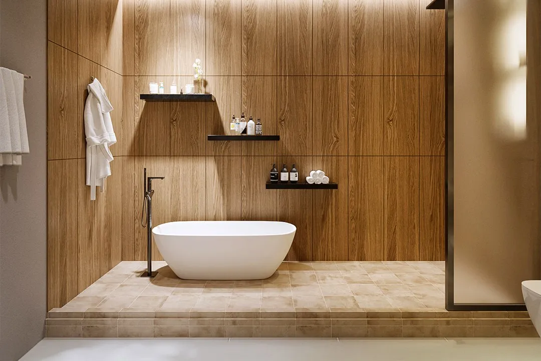 Spa Wood Panel Soaking Bath — residential 3D rendering by Praxis Studio