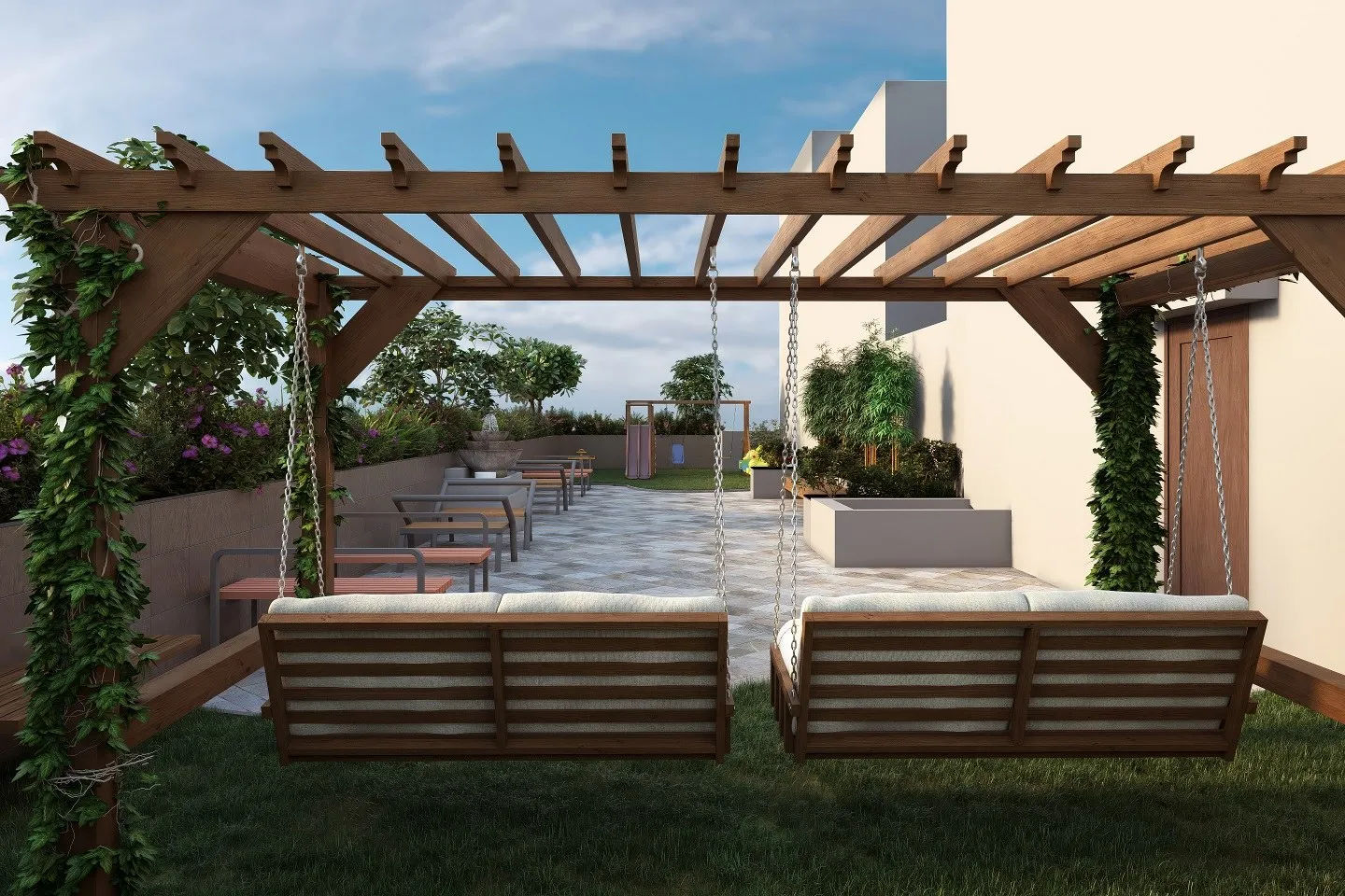 Pergola Swing Garden — landscape 3D rendering by Praxis Studio
