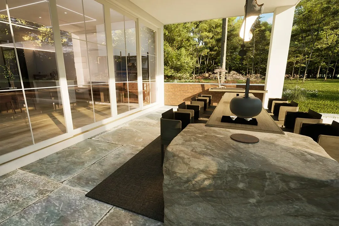 Stone Pavilion Outdoor Dining — landscape 3D rendering by Praxis Studio