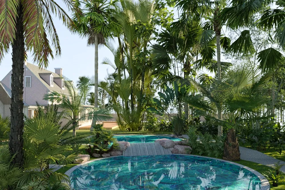Tropical Pool Garden — landscape 3D rendering by Praxis Studio
