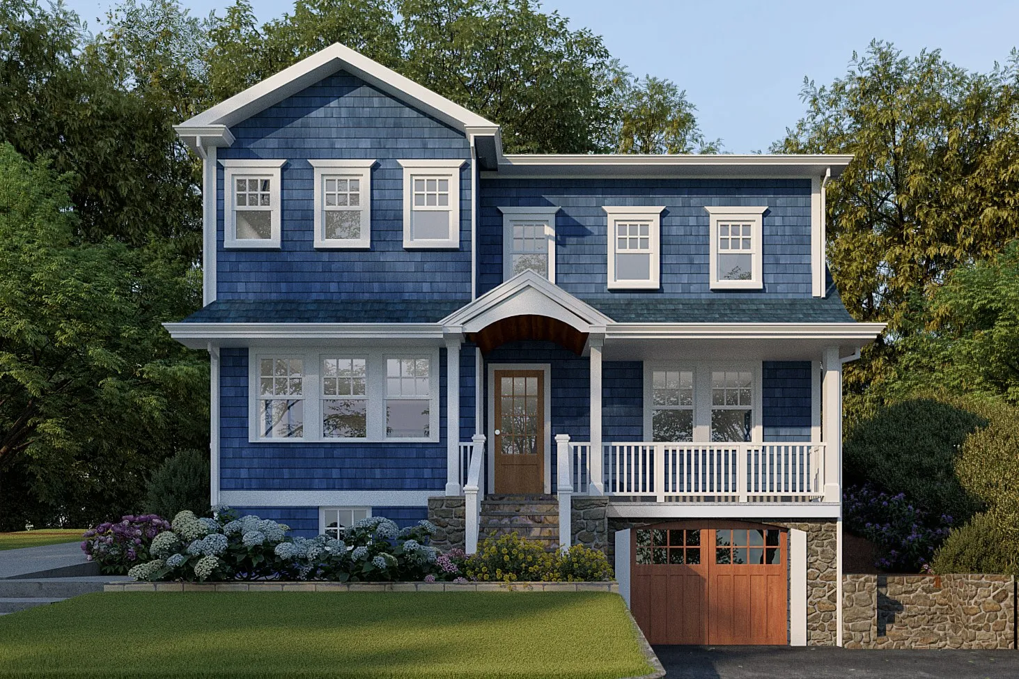 Blue Shingle Style Residence — residential 3D rendering by Praxis Studio