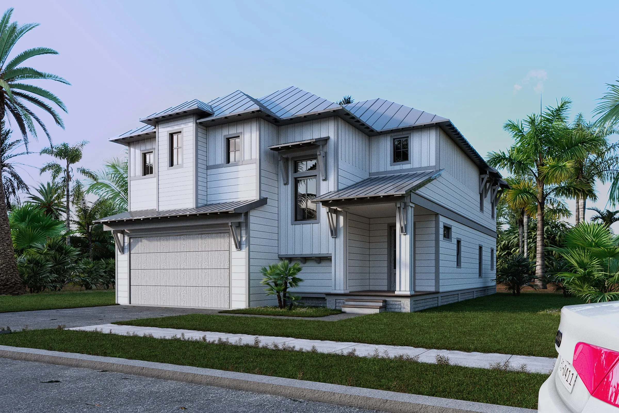 Coastal Modern White Siding — residential 3D rendering by Praxis Studio