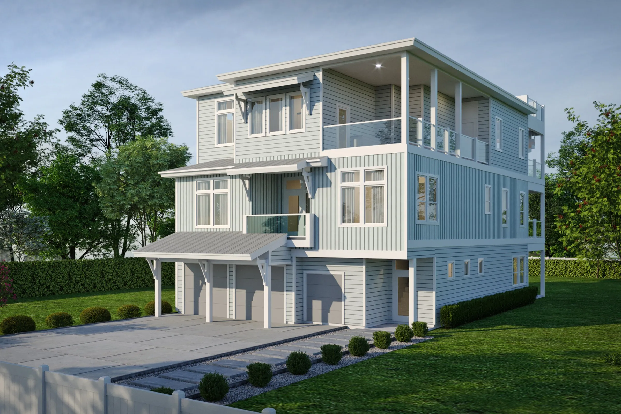 Coastal Three Story — residential 3D rendering by Praxis Studio