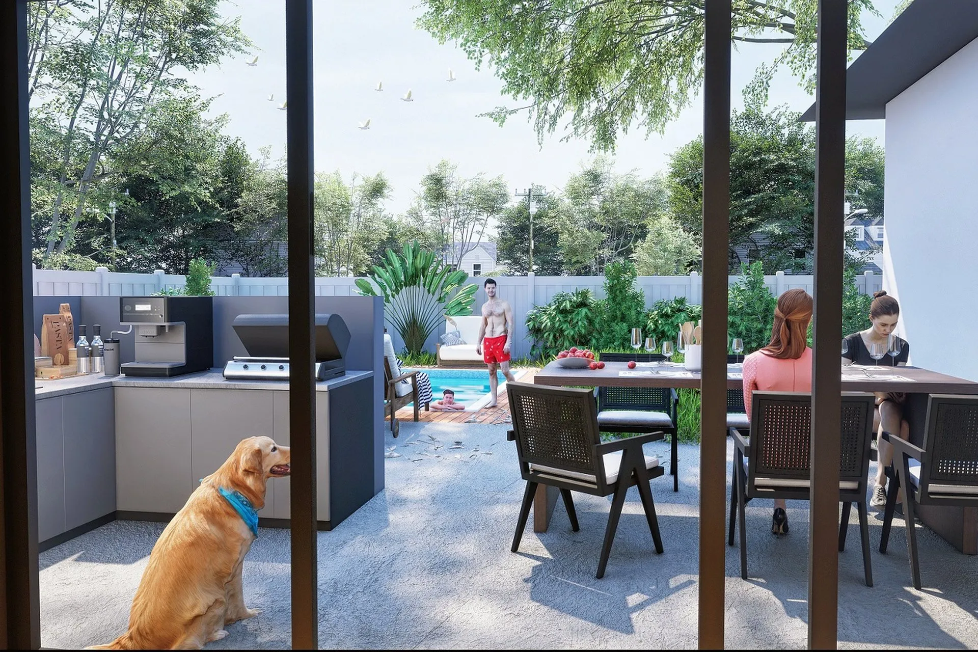 Contemporary Backyard Pool Entertaining — residential architectural visualization, view 1