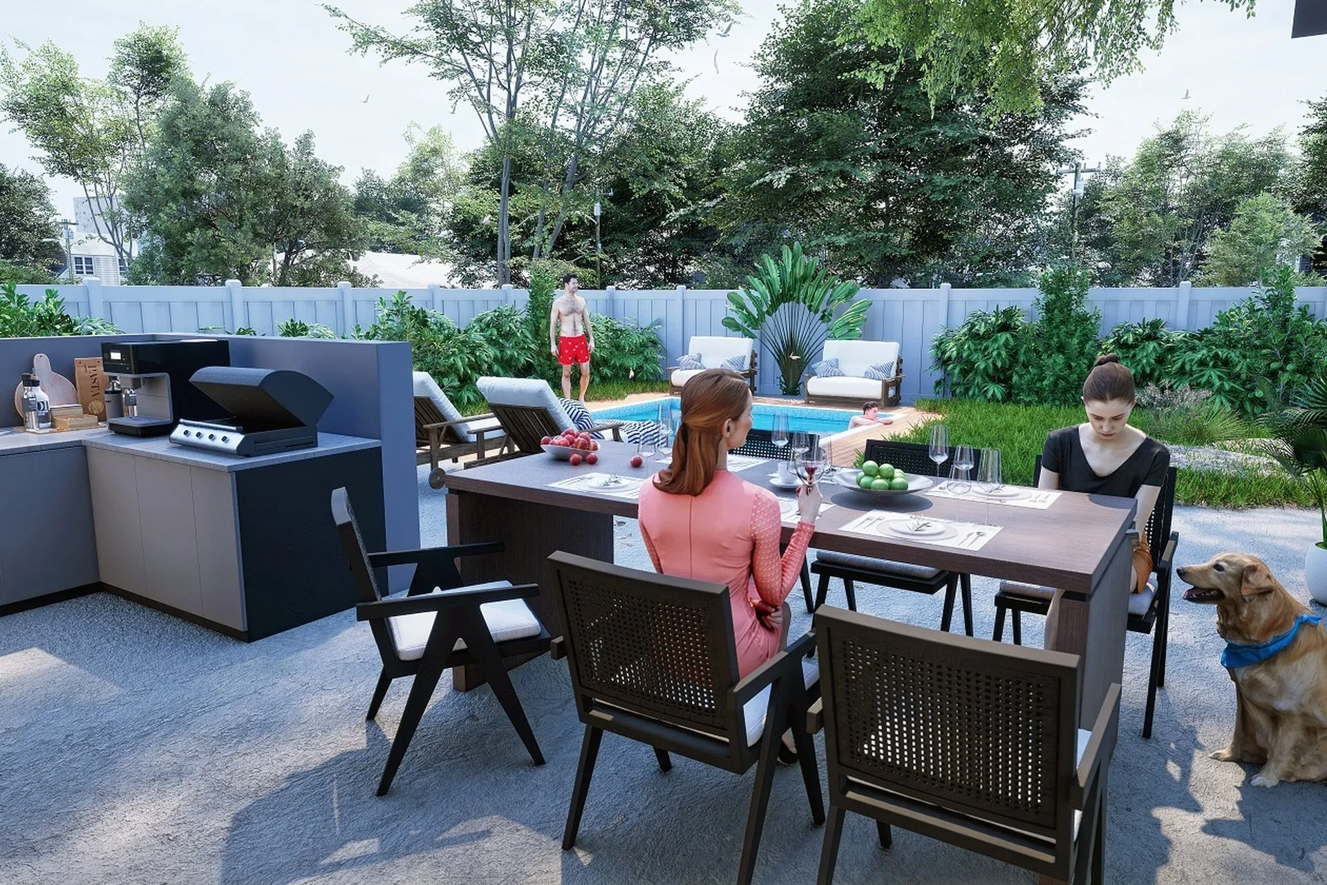 Contemporary Backyard Pool Entertaining — residential architectural visualization, view 2