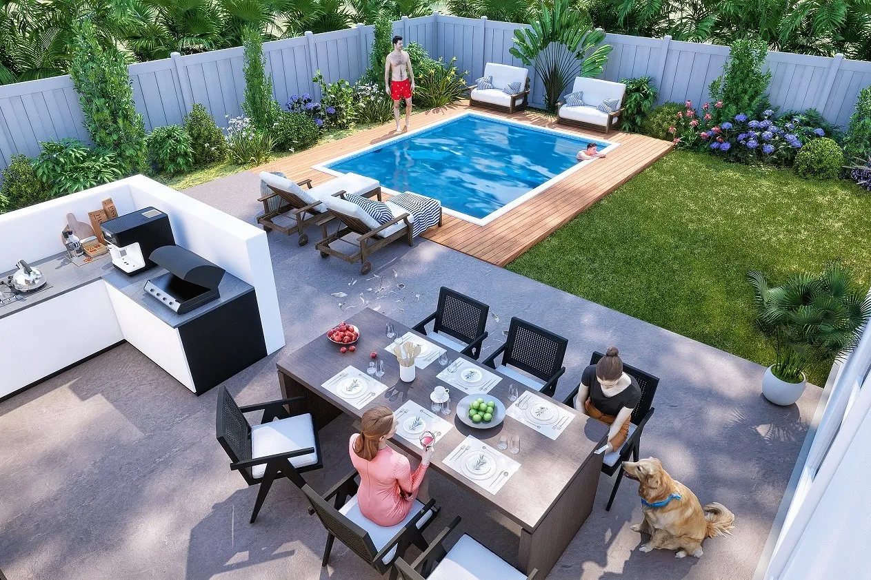 Contemporary Backyard Pool Entertaining — residential 3D rendering by Praxis Studio