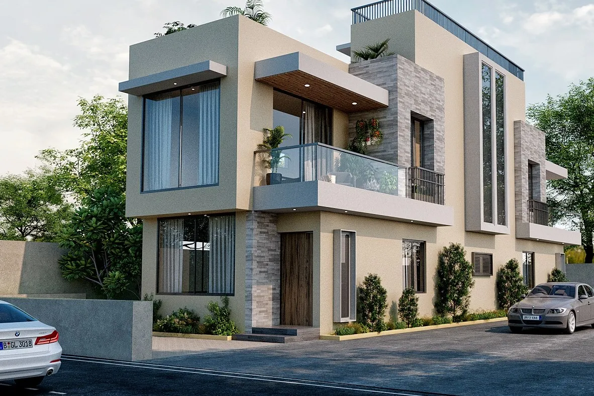 Contemporary Beige Twin Villa — residential 3D rendering by Praxis Studio