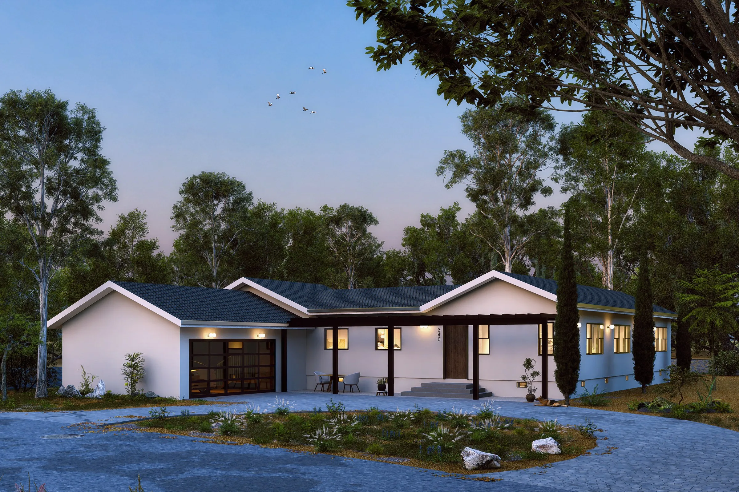 Contemporary Ranch 114 — residential 3D rendering by Praxis Studio