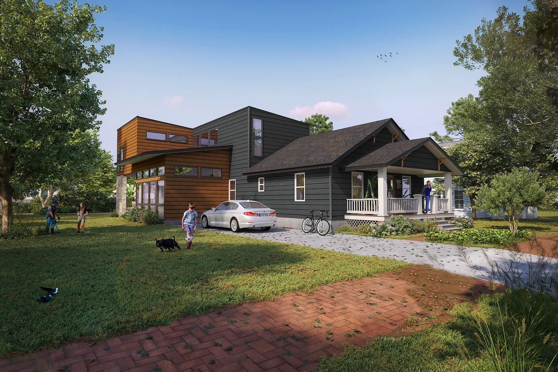 Contemporary Wood Orange House — residential architectural visualization, view 1