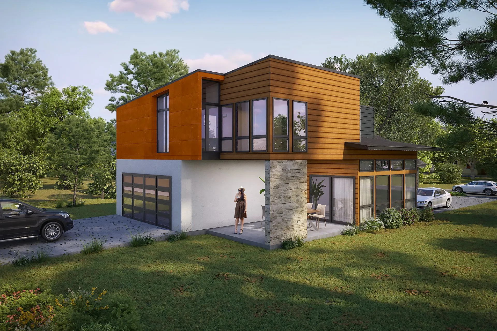 Contemporary Wood Orange House — residential architectural visualization, view 2