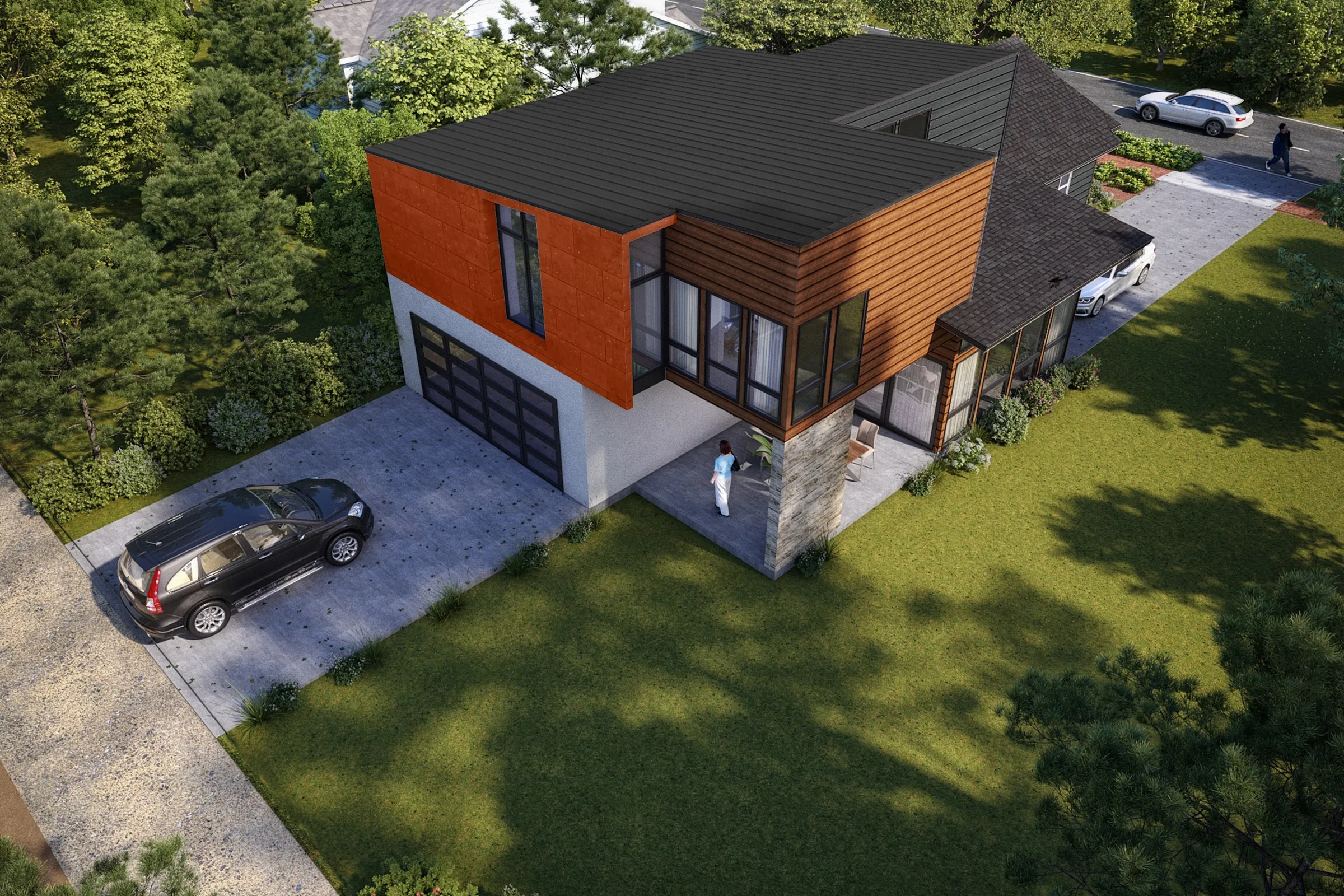 Contemporary Wood Orange House — residential 3D rendering by Praxis Studio