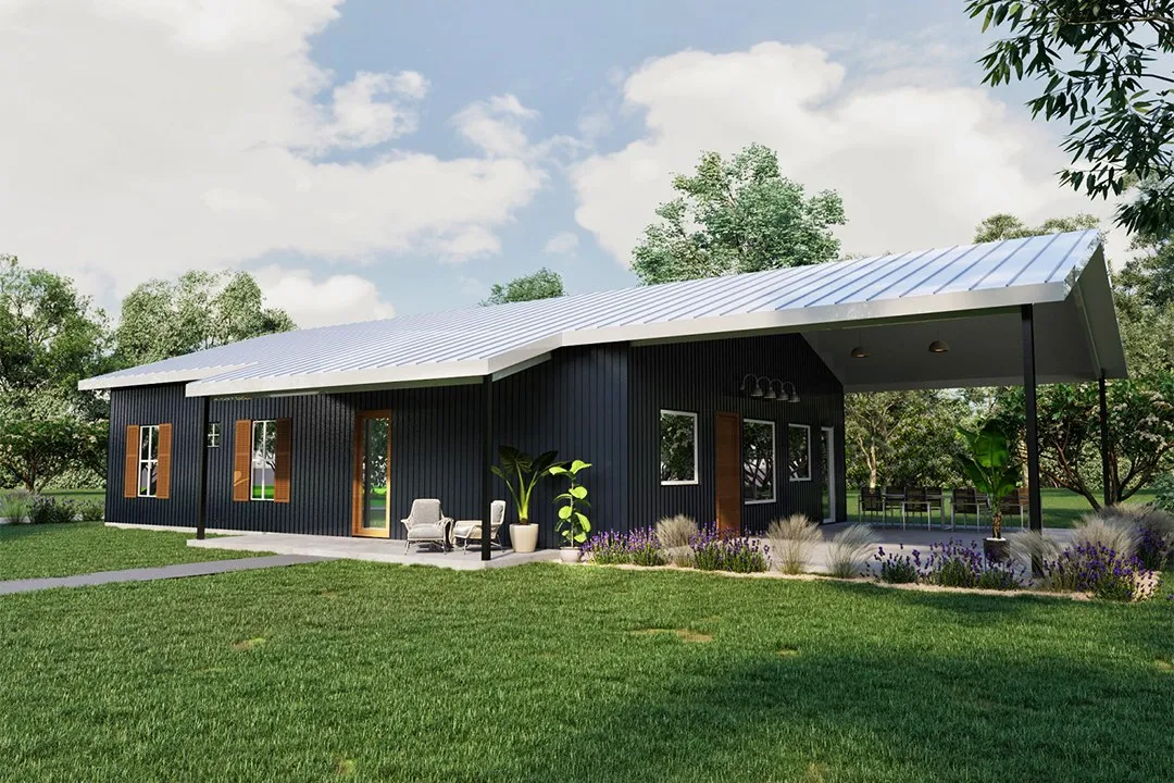 Dark Metal Barndominium — residential 3D rendering by Praxis Studio
