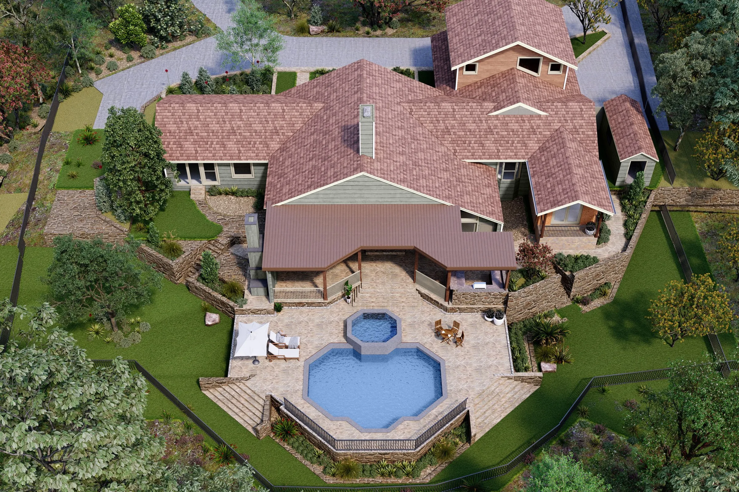 Estate Aerial Pool — residential 3D rendering by Praxis Studio