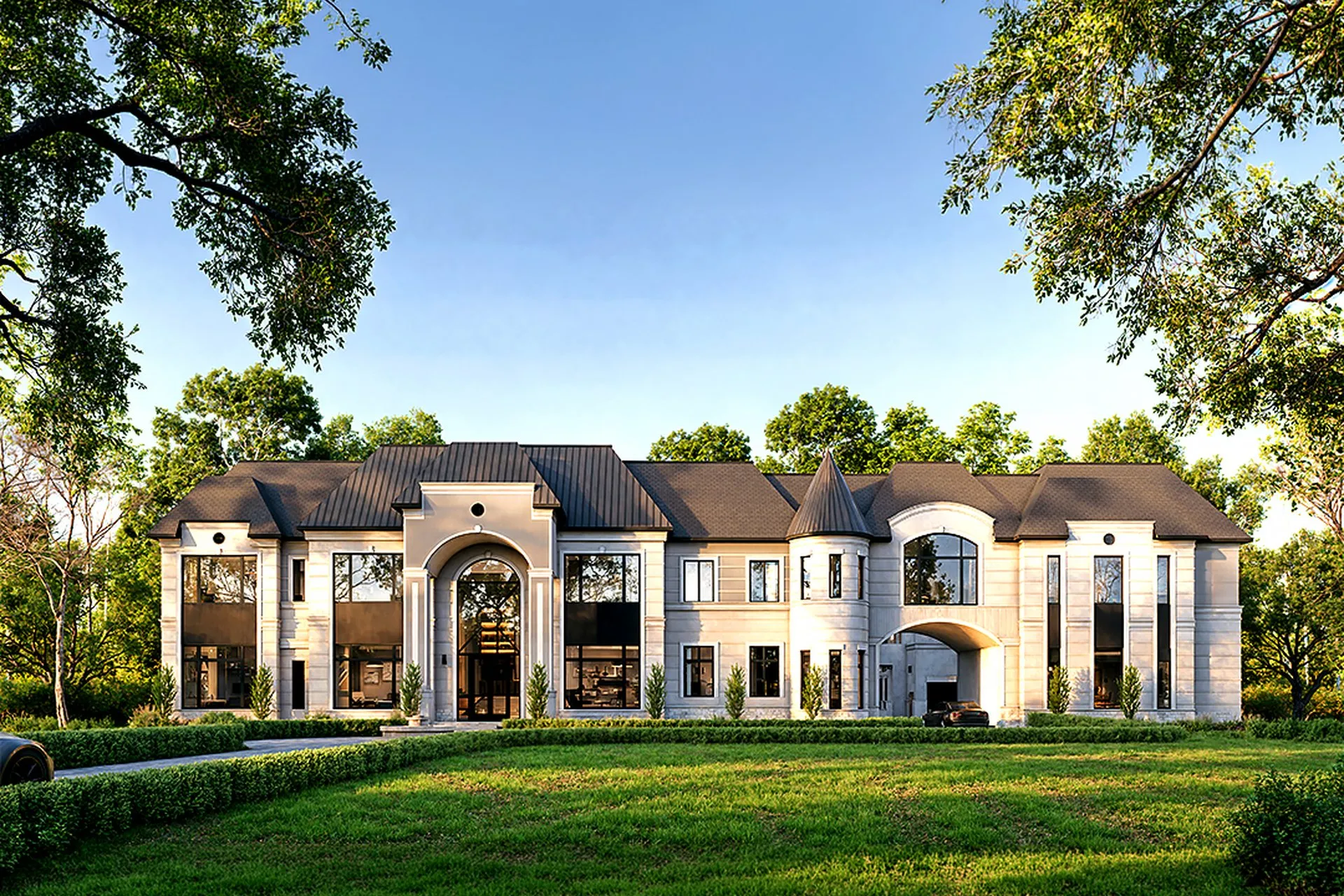 French Provincial Stone Estate — residential architectural visualization, view 1