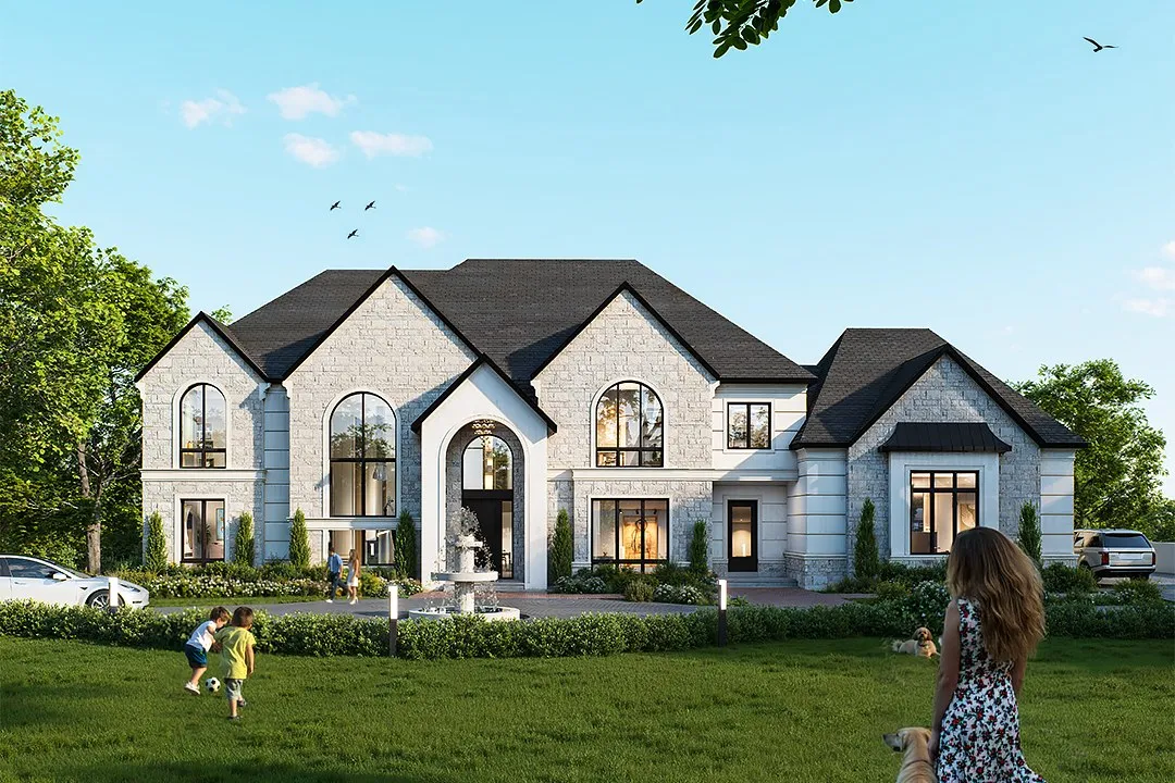 French Provincial Stone Estate — residential 3D rendering by Praxis Studio