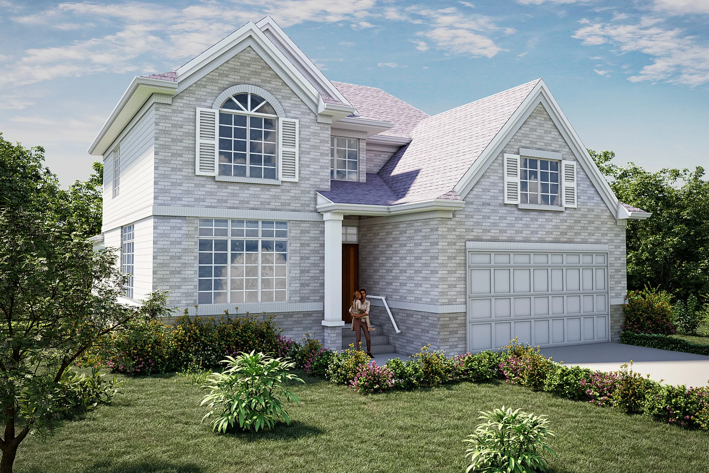 Gray Brick Traditional Two Story — residential 3D rendering by Praxis Studio