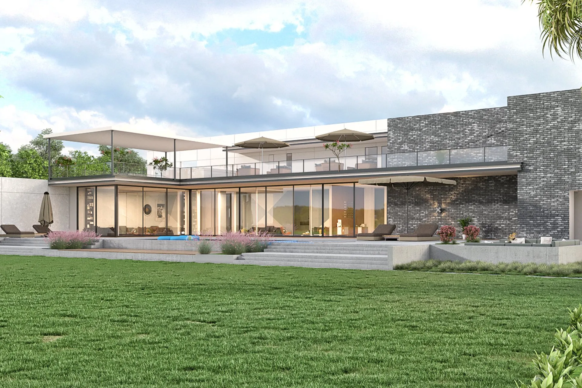 Modern Barn Cabin Glass Wall — residential architectural visualization, view 1