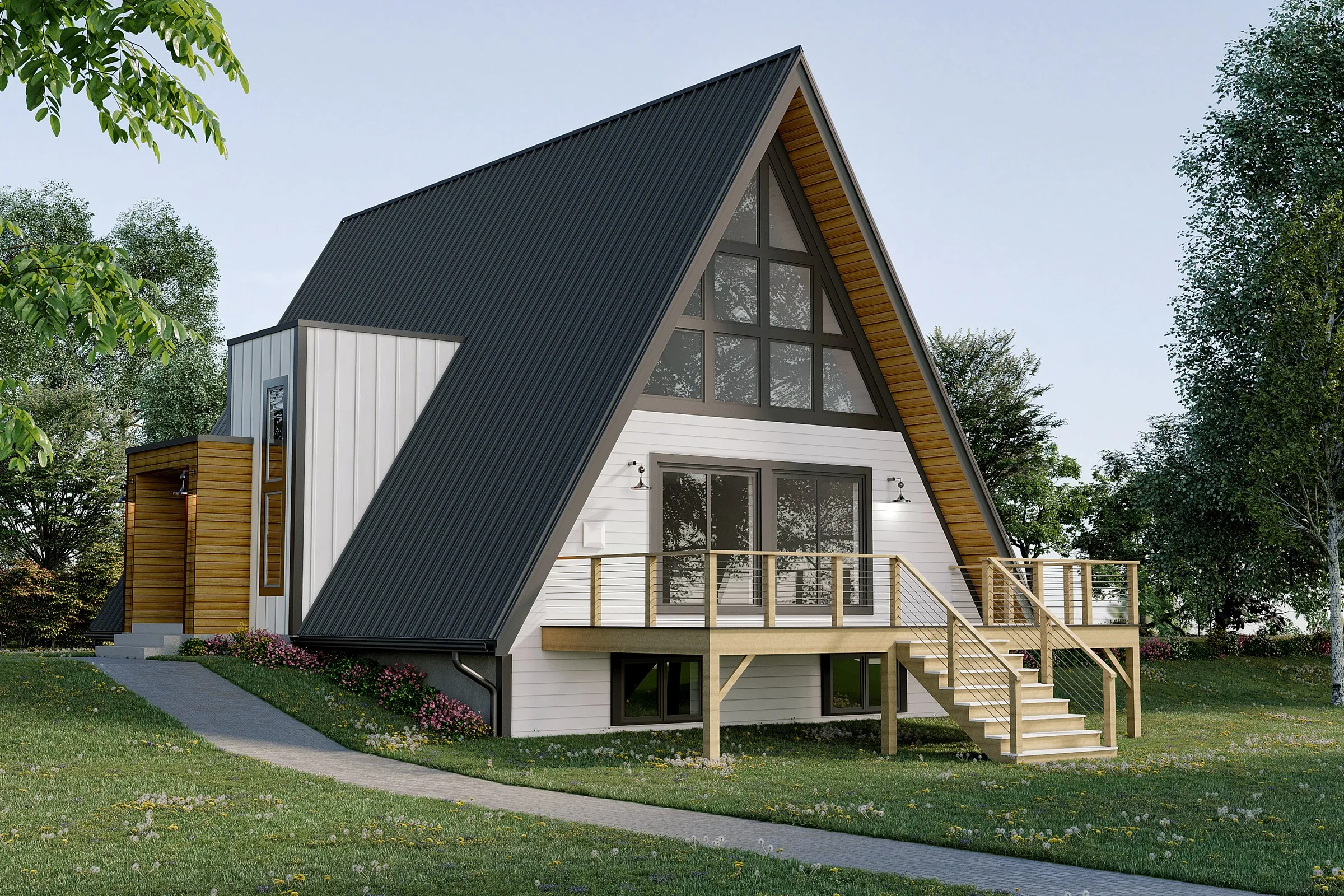 Modern Barn Cabin Glass Wall — residential 3D rendering by Praxis Studio