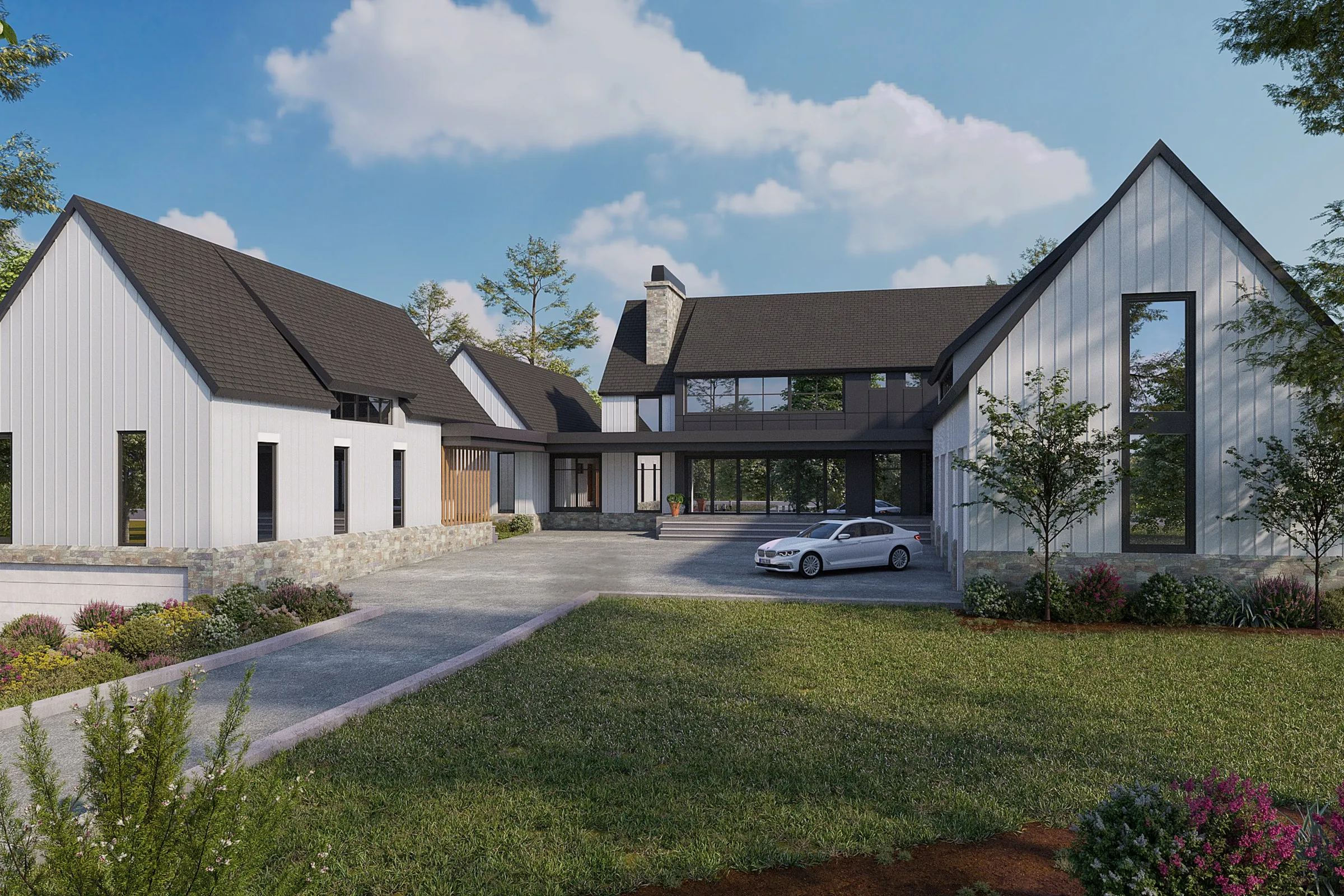 Modern Farmhouse Poolside — residential 3D rendering by Praxis Studio