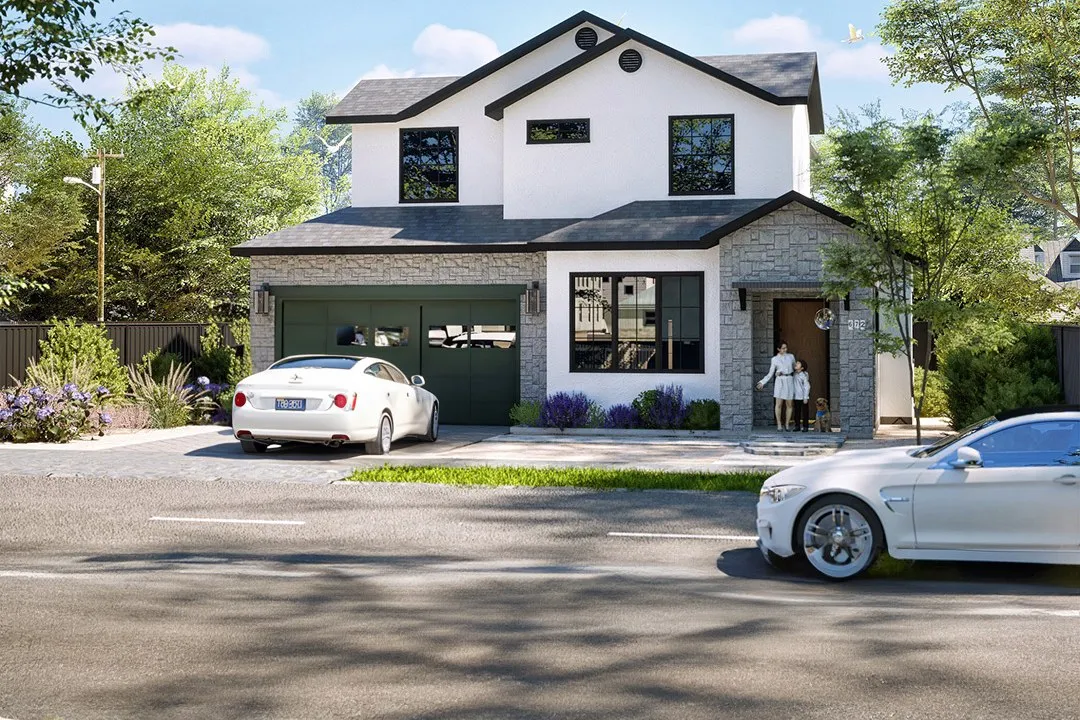 Modern Farmhouse White Stone — residential 3D rendering by Praxis Studio