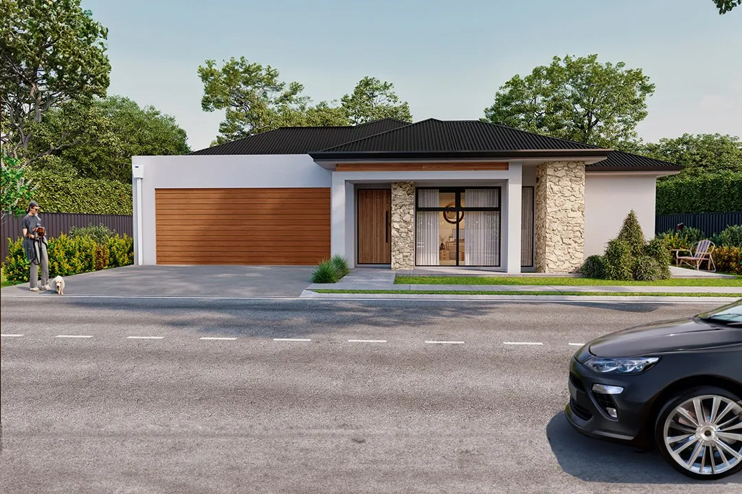Modern Single Story Stone Accent — residential 3D rendering by Praxis Studio