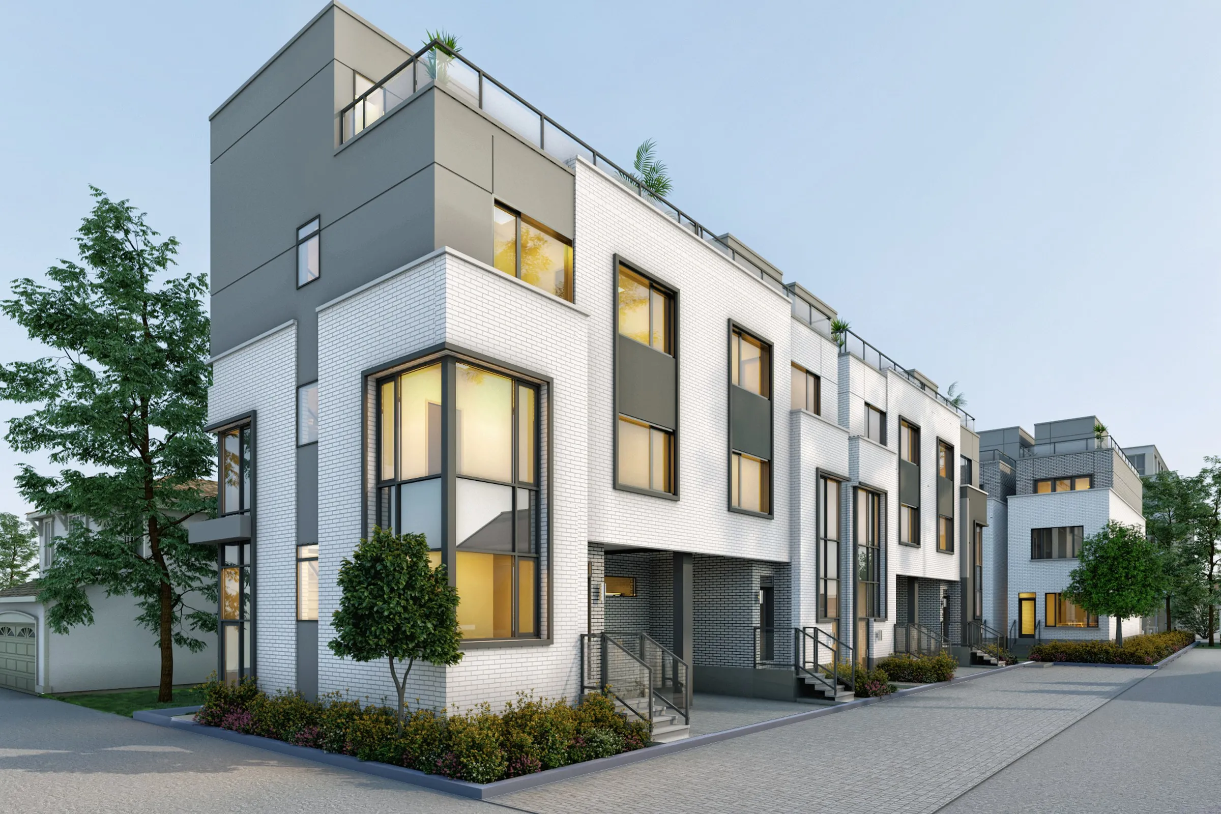 Modern White Brick Townhomes — residential 3D rendering by Praxis Studio