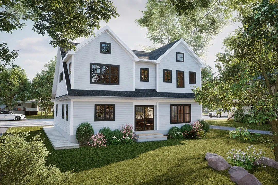 Project 08 White Modern Farmhouse — residential 3D rendering by Praxis Studio